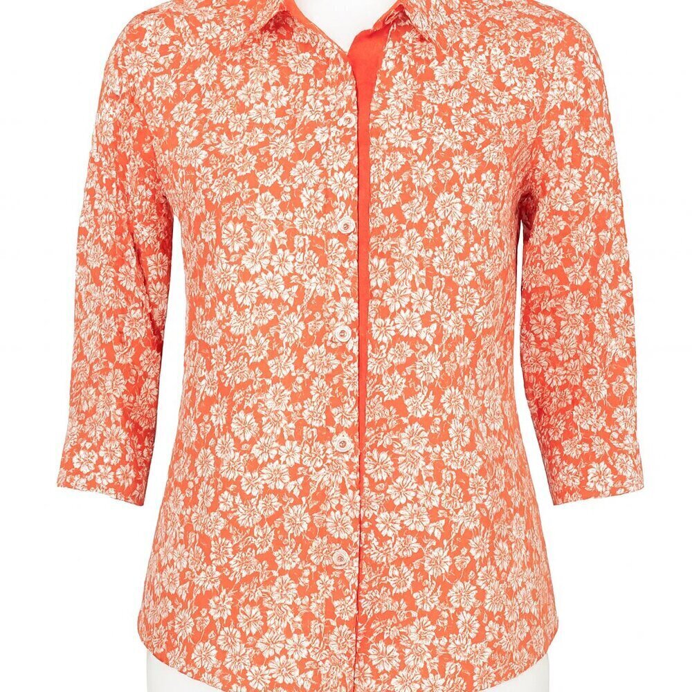 Alfred Dunner Orange White Floral Button Down Blouse Shirt Size 14 3/4 Sleeve